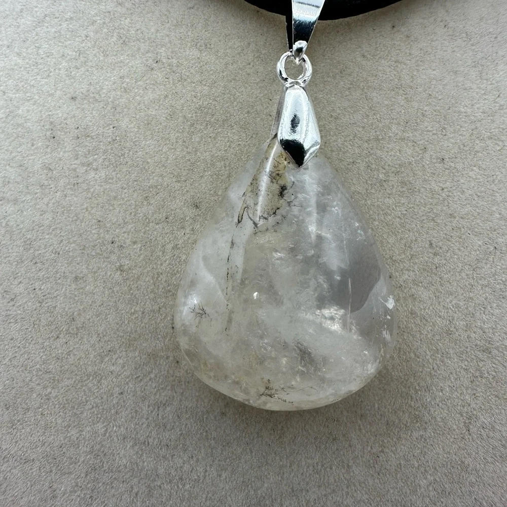 Dendritic Quartz Teardrop Pendant Necklace on Black Satin Tope